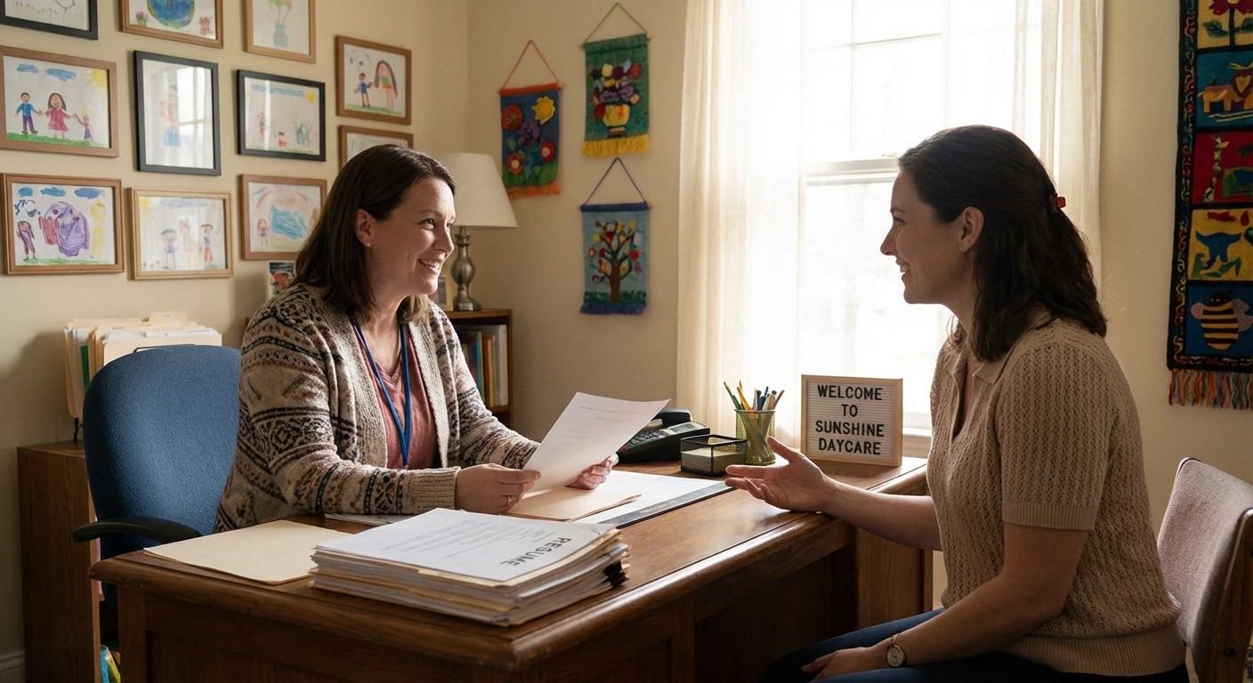 Director interviewing childcare teacher candidate focusing on values and cultural fit