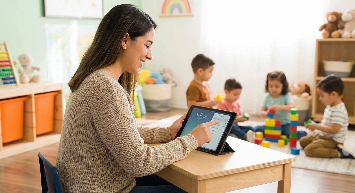 Teacher using streamlined childcare app reducing paperwork and documentation time